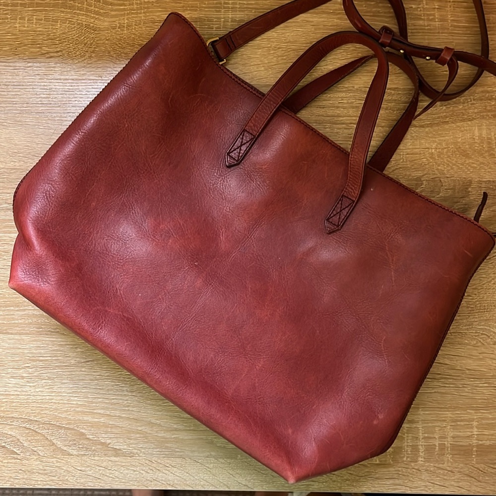 Madewell zip-top leather tote with detachable crossbody strap
